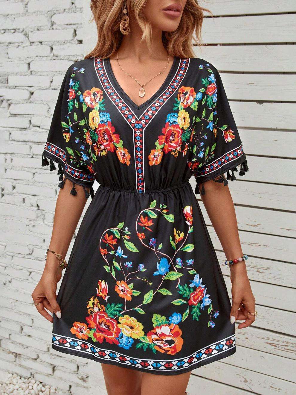 Floral Embroidered Boho Dress with Tassel Accents - L, Black image