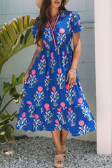 Vibrant Floral Maxi Dress with Ruffled Hem - L, Blue image