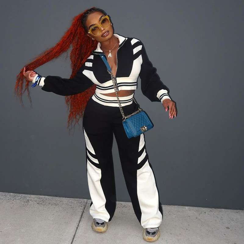 Colorblock Cropped Zipper Coats Pant Sets image 1