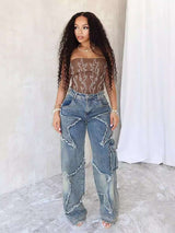 Star Embroidery Wide Leg Baggy Cargo Pants image 1