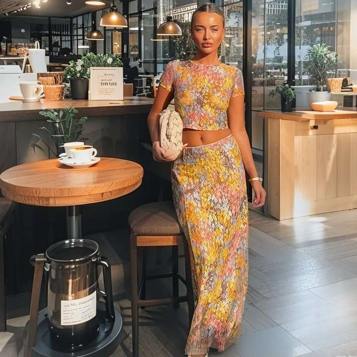 Textured Floral Mesh Two-Piece Maxi Set image 1