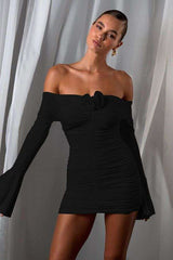 Off-Shoulder Ruffled Dress with Flared Sleeves - S, Black image