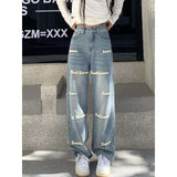 Embroidered Letters Solid Straight High Waist Jeans - S, Multi White image