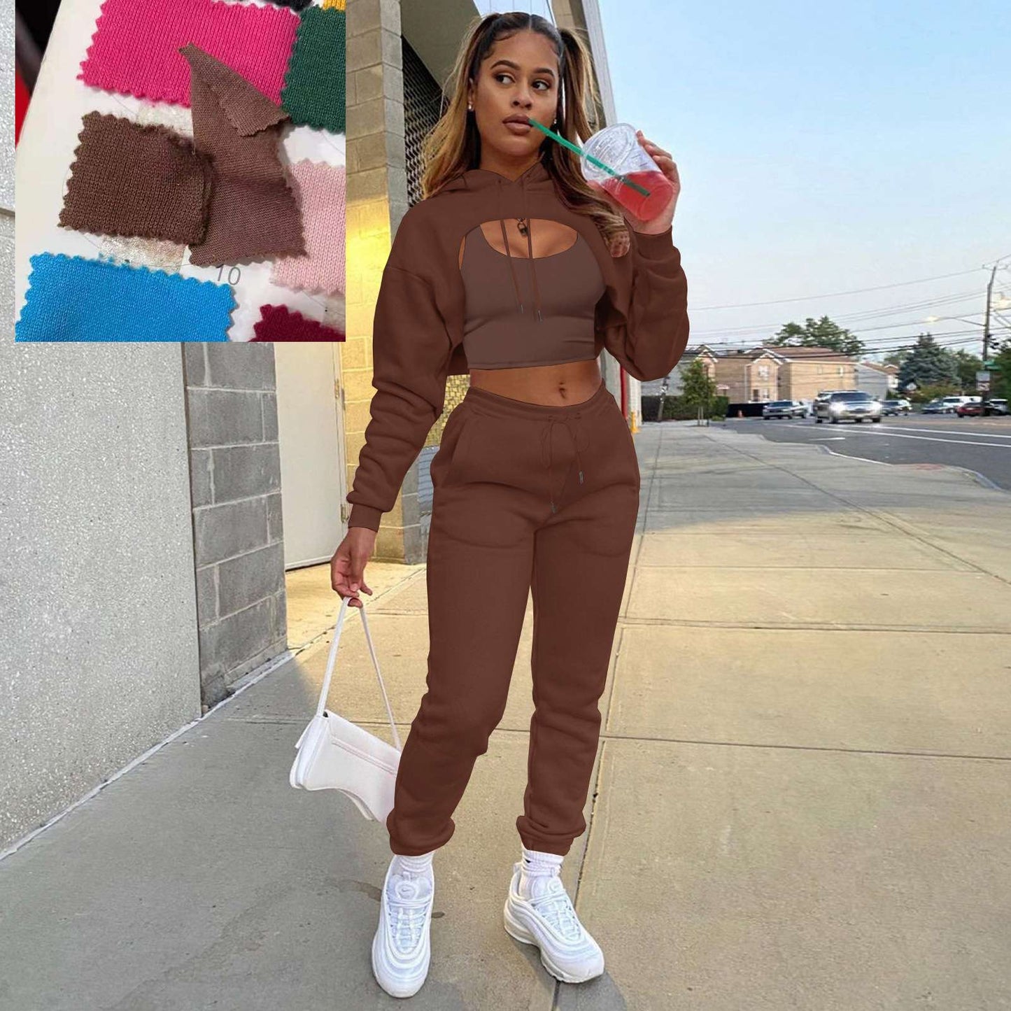 Crop Top Hoodie Tank Sweatpants 3 piece set - S, Molten Lava Brown image