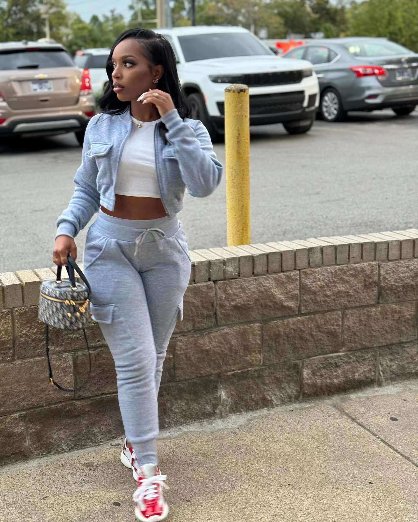 Baseball Collar Crop Zipper Sweatshirt Sweatpants Set - S, Grey image