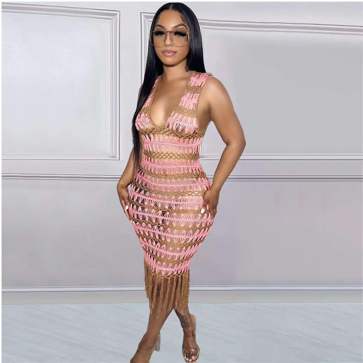 Crochet Knit Fringe Midi Dress - L, Pink image