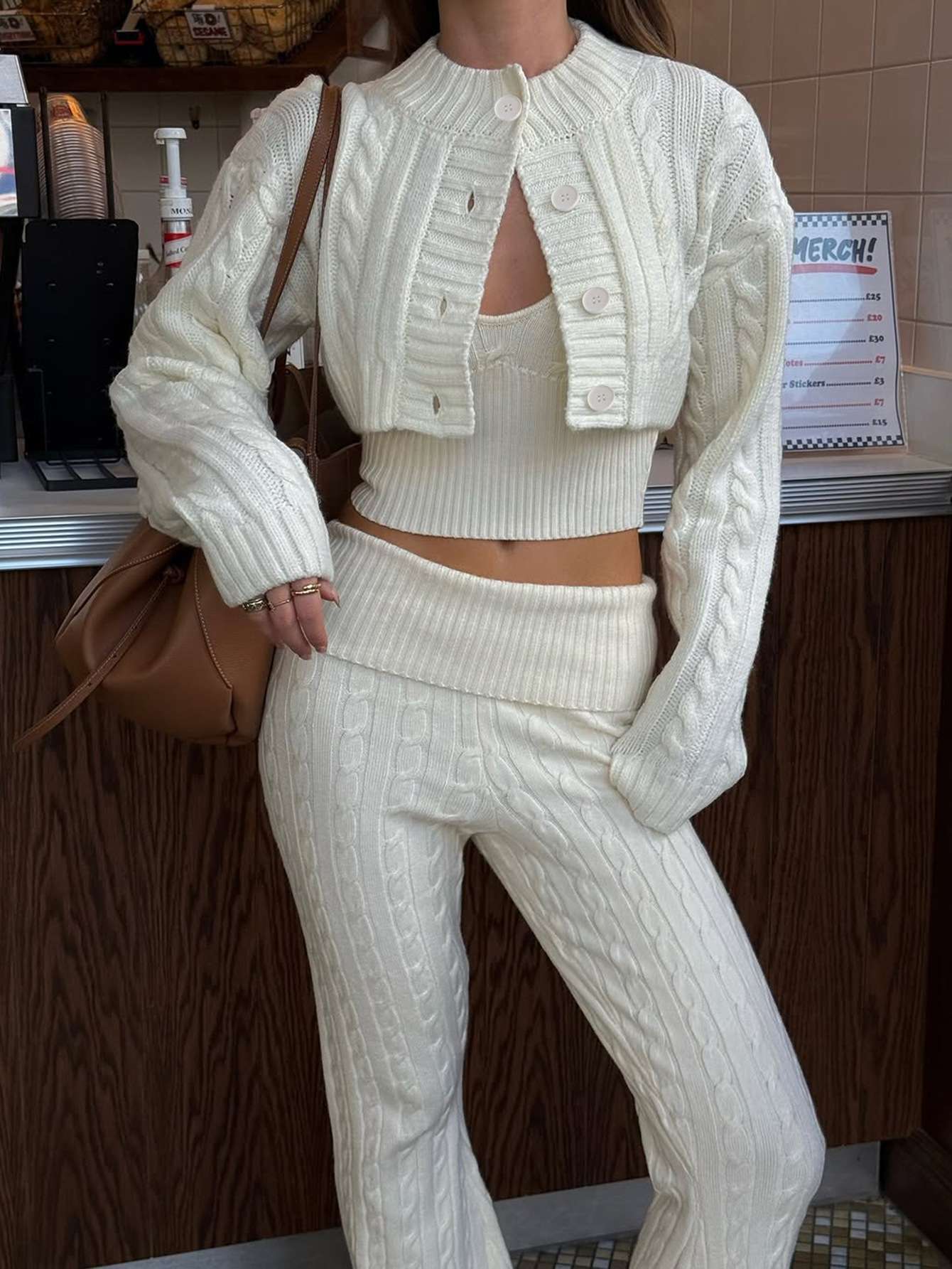 Cozy Knit Lounge Set with Cropped Cardigan - M, Off White image