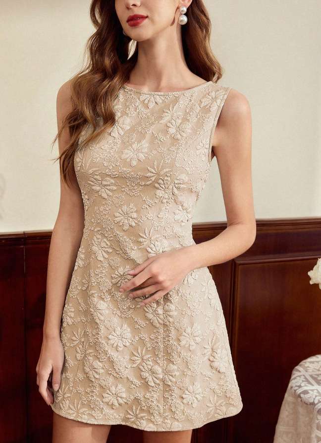 Elegant Floral Sleeveless Dress - S, Beige image