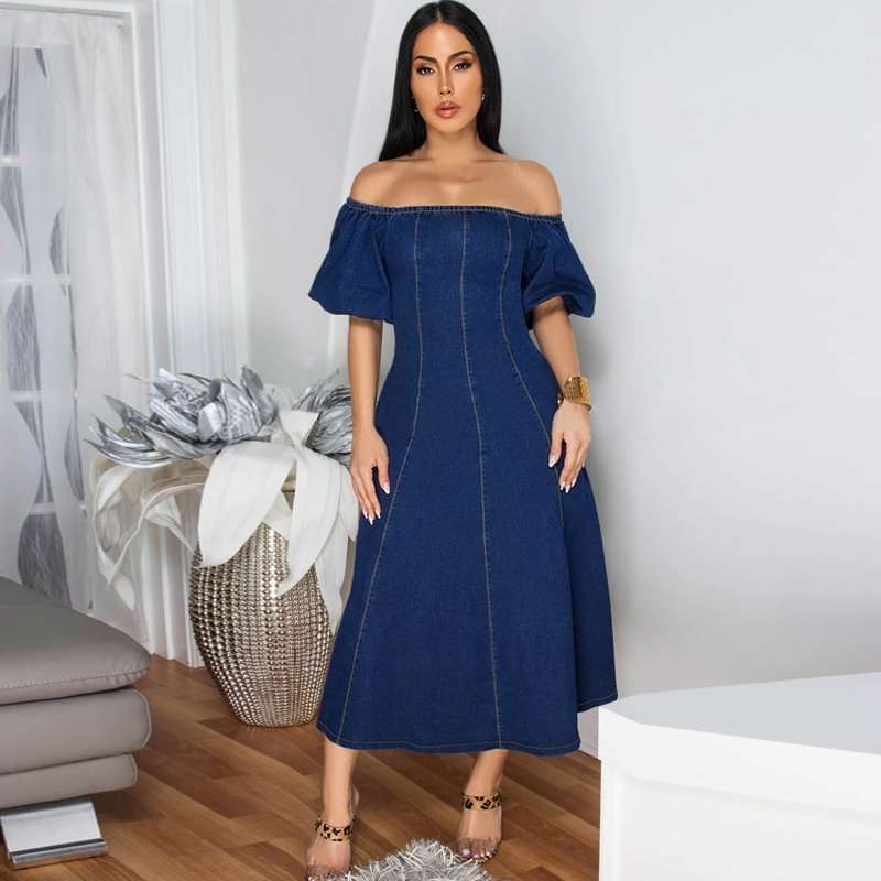 Off-Shoulder Puff Sleeve Midi Dress - L, Blue image