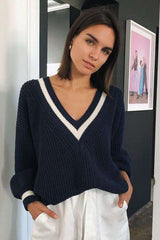 V neck Striped Loose Casual Pullover Top image 0