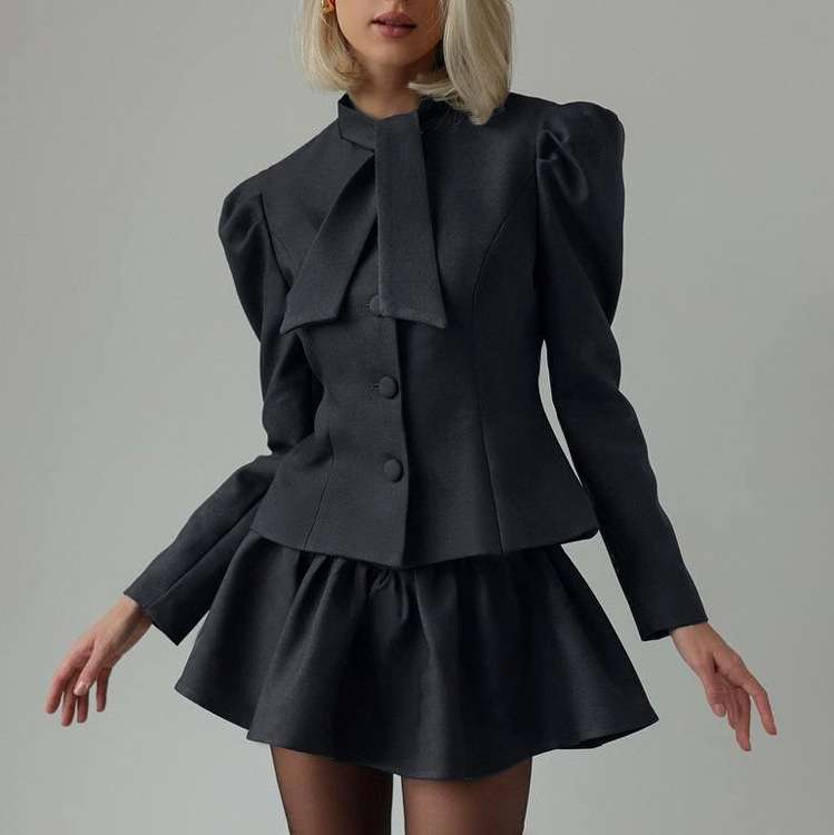 Blazer with Puffed Shoulders and Matching Skirt image 2