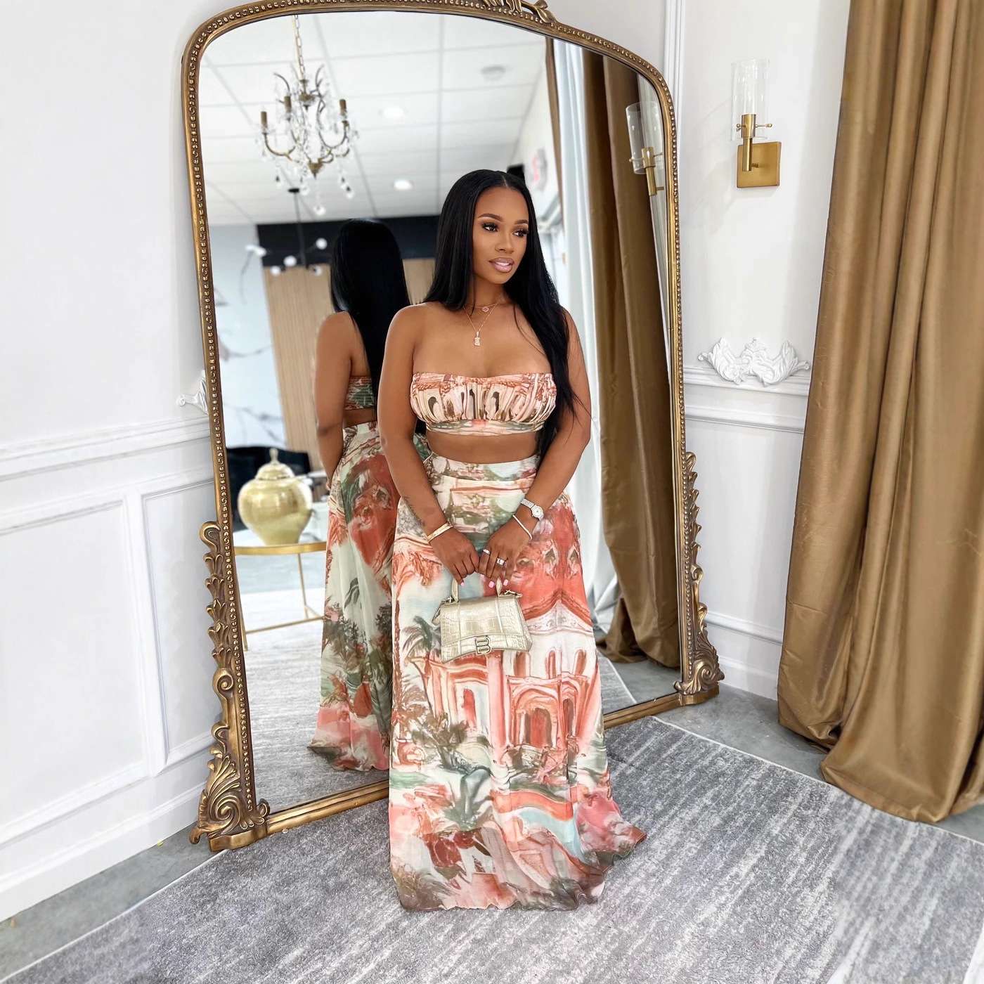 Pastel Scenic Print Bandeau Top & Maxi Skirt image 2