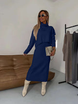 Turtleneck Sweater Two Piece Dress Maxi Skirt - XL, Deep Lake Blue image