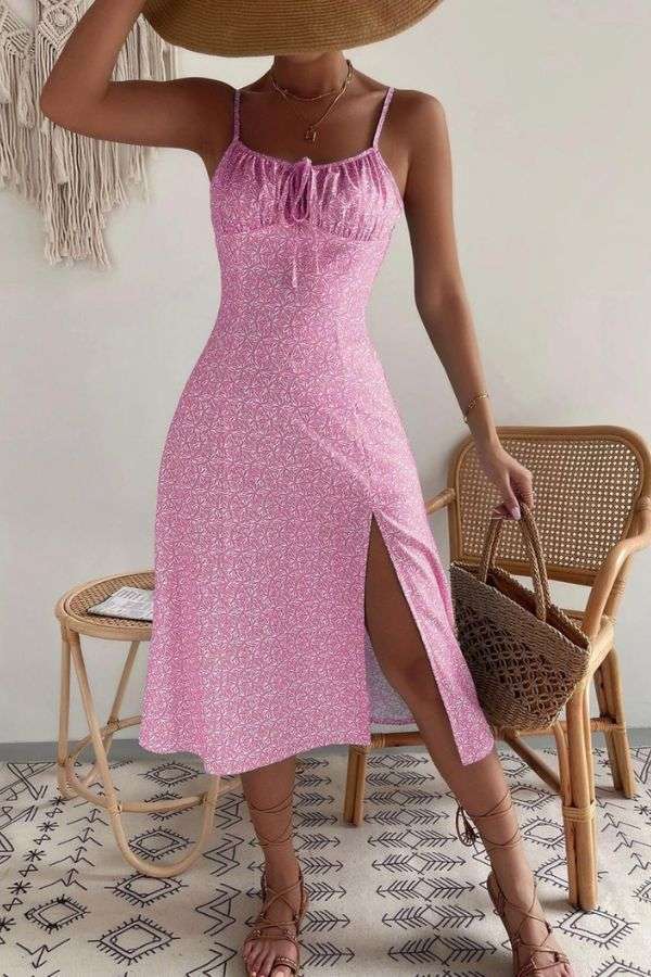 Floral Tie-Front Maxi Dress with Side Slit - M, Pink image