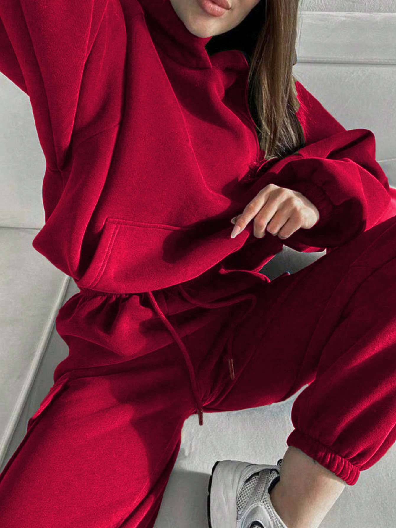 Loose Fit Hooded Sweatshirt With Joggers Co-ord Set - S, Red image