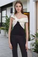 Stylish Off-Shoulder Color Block Top - M, Black image