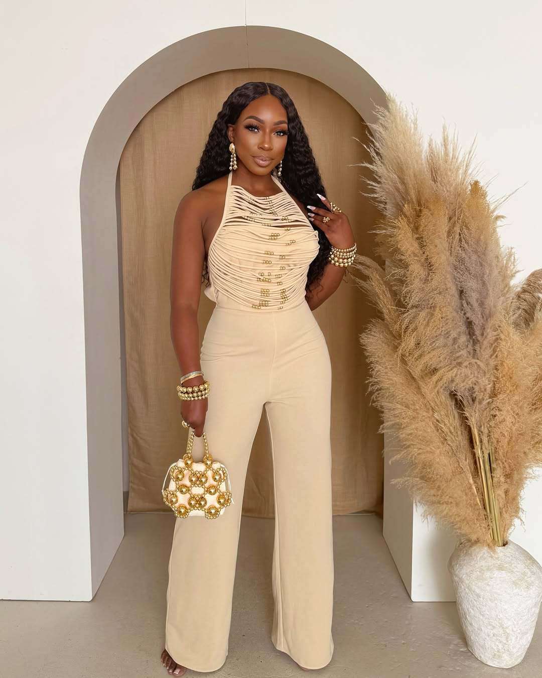 Embellished Halter Jumpsuit - S, Beige image