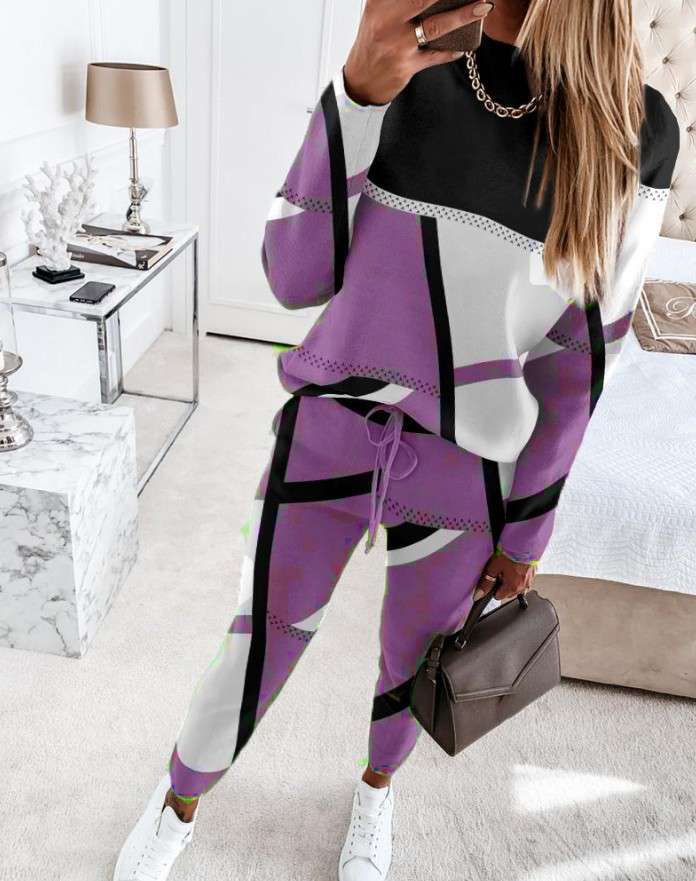 Print Casual Work Dress Two Piece Sets - L, Multi Purple image