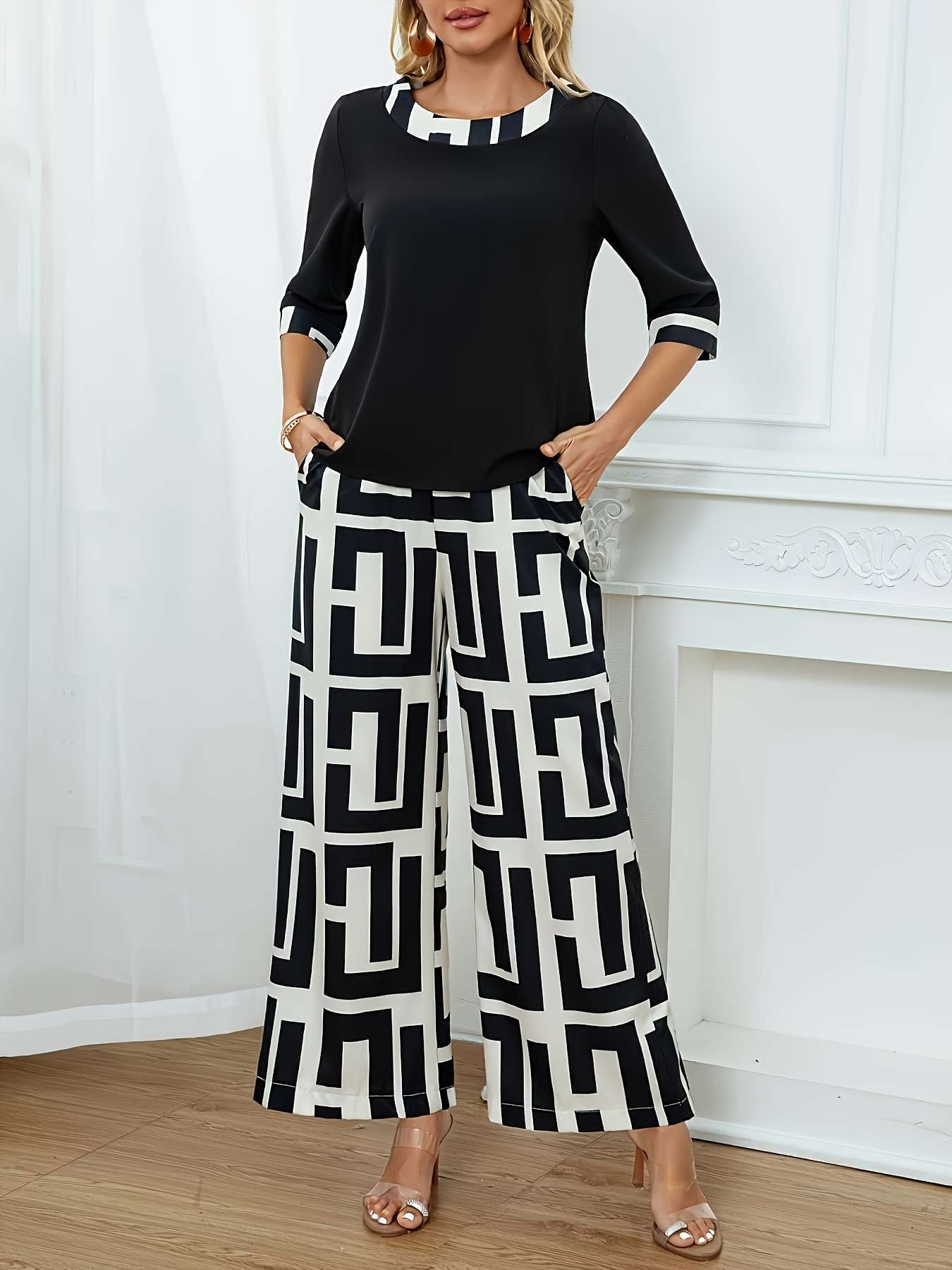 Geometric Wide-Leg Pants with Black Top image 1