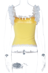 Lace Panel Ruffled-Trim Bow Accent Slim-Fit Crop Tank Top image 5