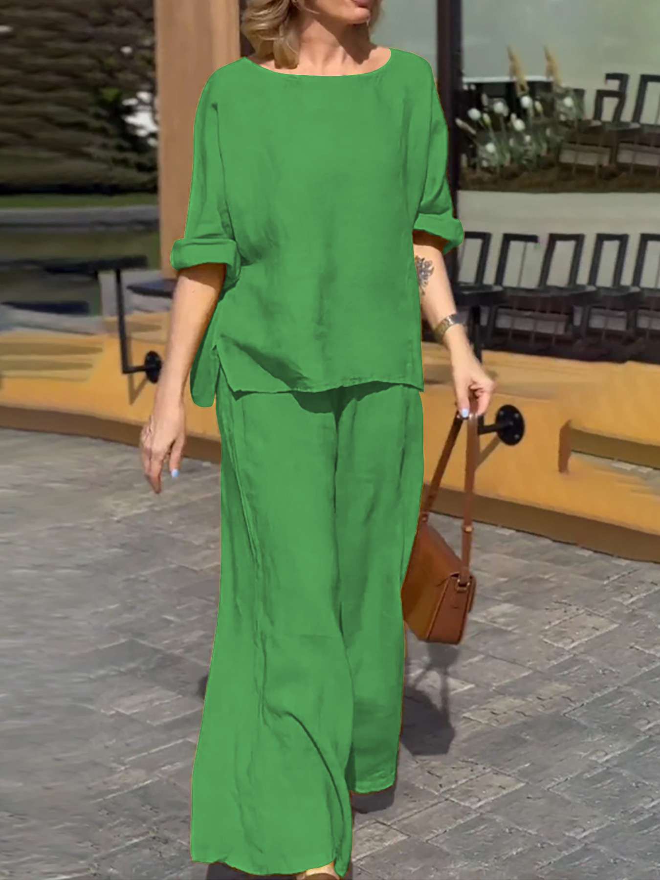 Two-Piece Wide-Leg Pants Set - L, Green image