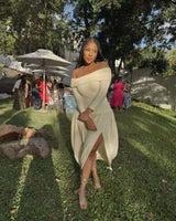Off-Shoulder Bodycon Dress with Slit - M, Cream Beige image