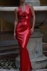 Sequin Maxi Dress with Floral Accent - L, Red image