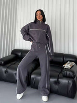 Striped Long Sleeved Zippered Jacket Set - XL, Dark Grey image