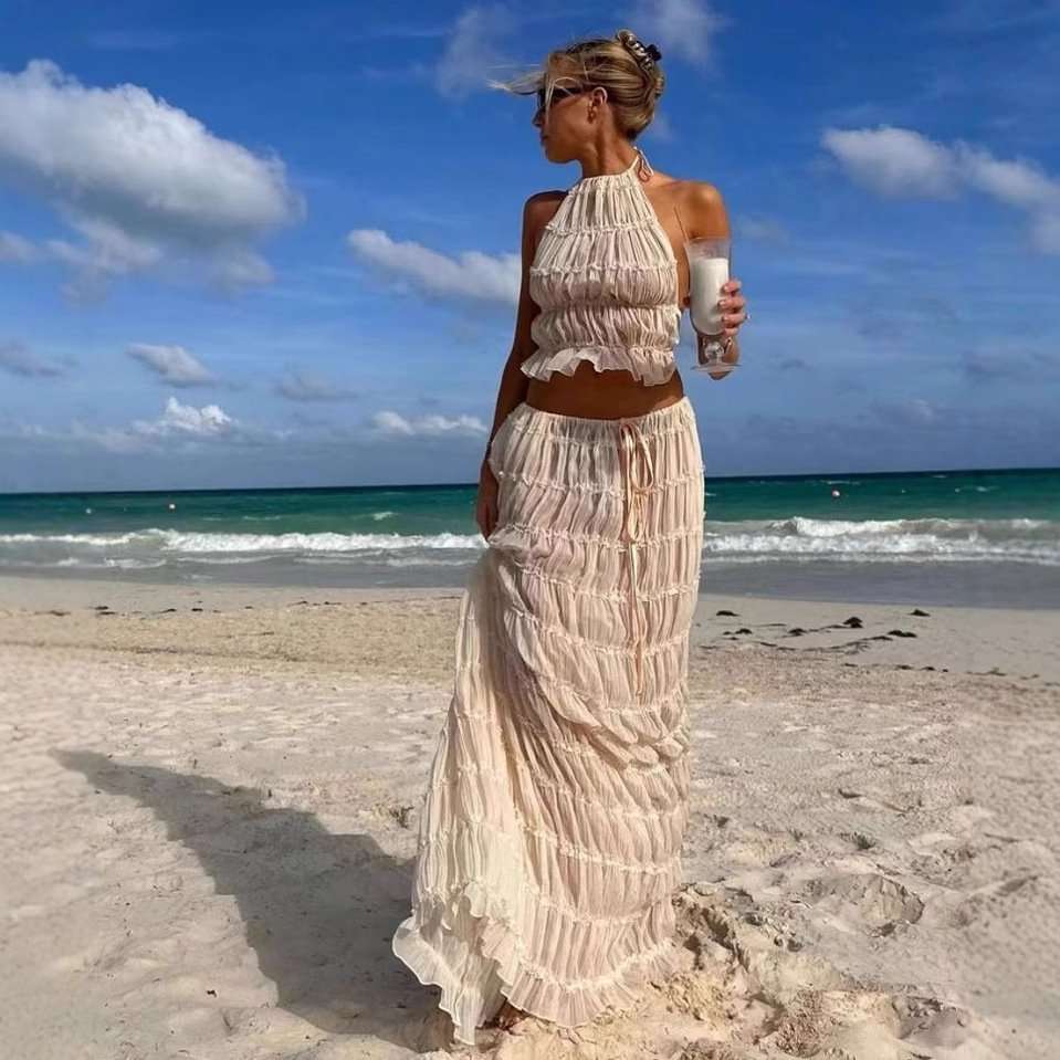 Crinkle Chiffon Two-Piece Set - M, Light Beige image