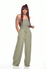 Women's Casual Off Shoulder Solid Color Strapless Belted Wide Leg Jumpsuit Romper with Pockets image 6
