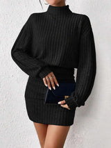 Turtleneck Bodycon Textured Fabric Dress - Black, L image