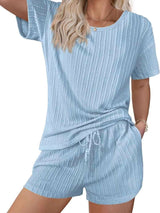 Textured Top & Drawstring Shorts Lounge Set - M, Sky Blue image