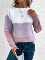 Modern sweater with splicing and a boat neckline - M, Purple image