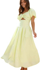 Cutout Puff Sleeve Midi Dress - S, Cream Beige image