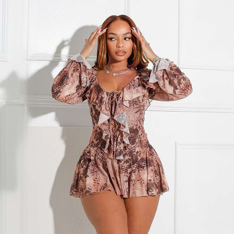 Tie-Dye Ruffle Lace-Up Long Sleeve Dress - L, Brown image