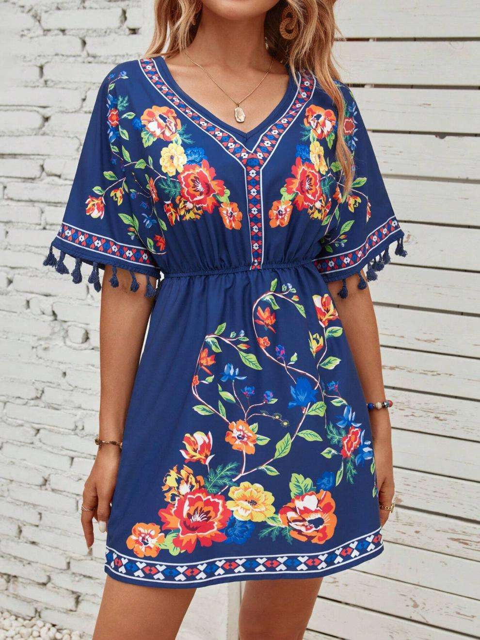 Floral Embroidered Boho Dress with Tassel Accents image 1