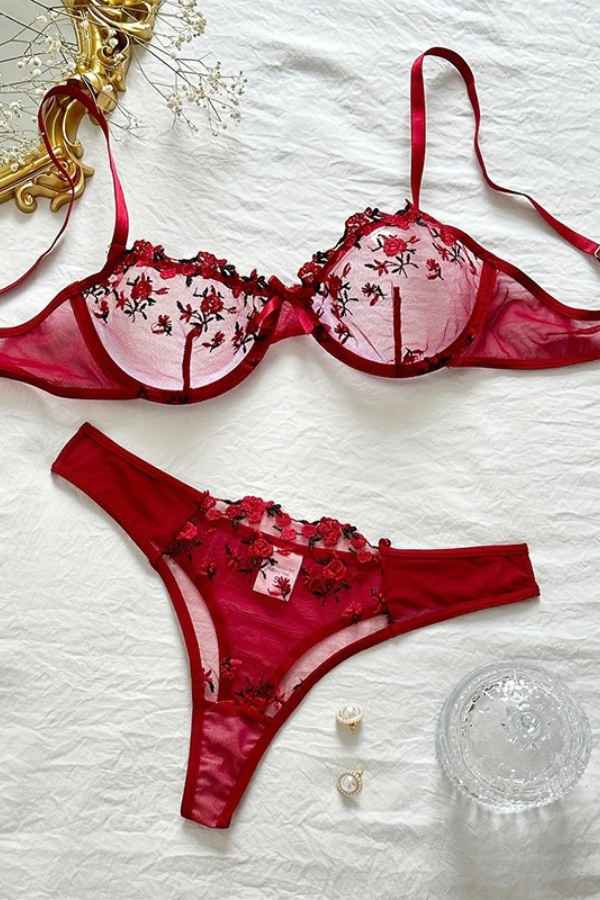 Sexy Lace Floral Embroidery Bra Underwear Two Piece Set image 5