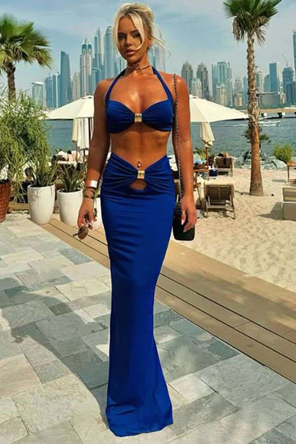 Halter Neck Cut-Out Top & Maxi Skirt - S, Blue image