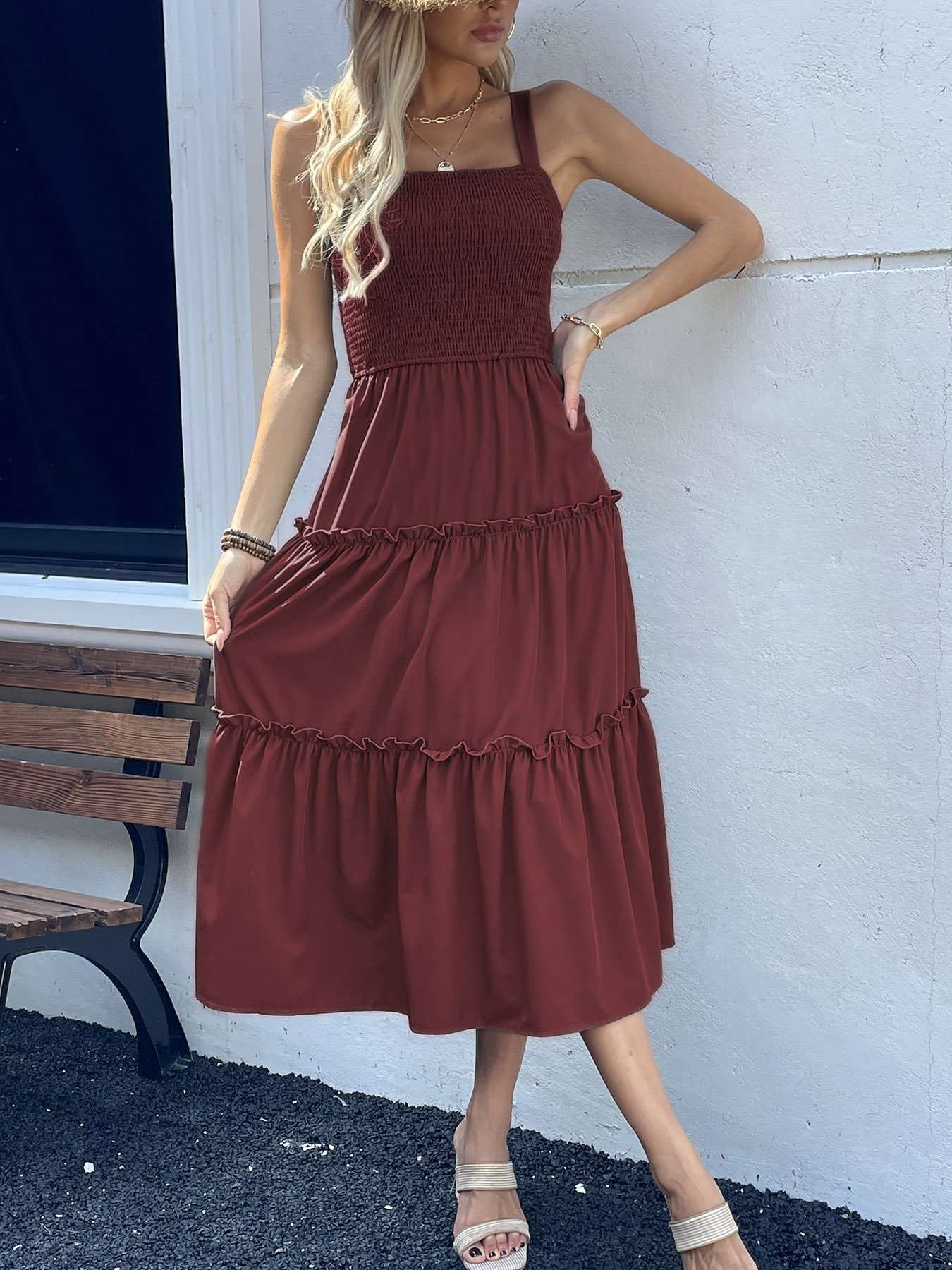 Smocked Maxi Dress with Ruffle Details - M, Brown image