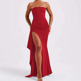 Elegant Spaghetti Strap Slit Maxi Dress - S, Red image