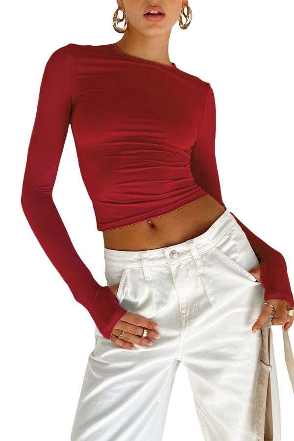 Solid Slim Fit Round Neck Crop Top - M, Red image