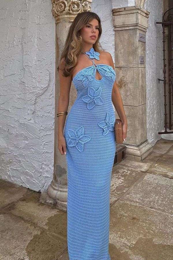 Crochet Halter Backless Maxi Dresses - M, Cornflower Blue image