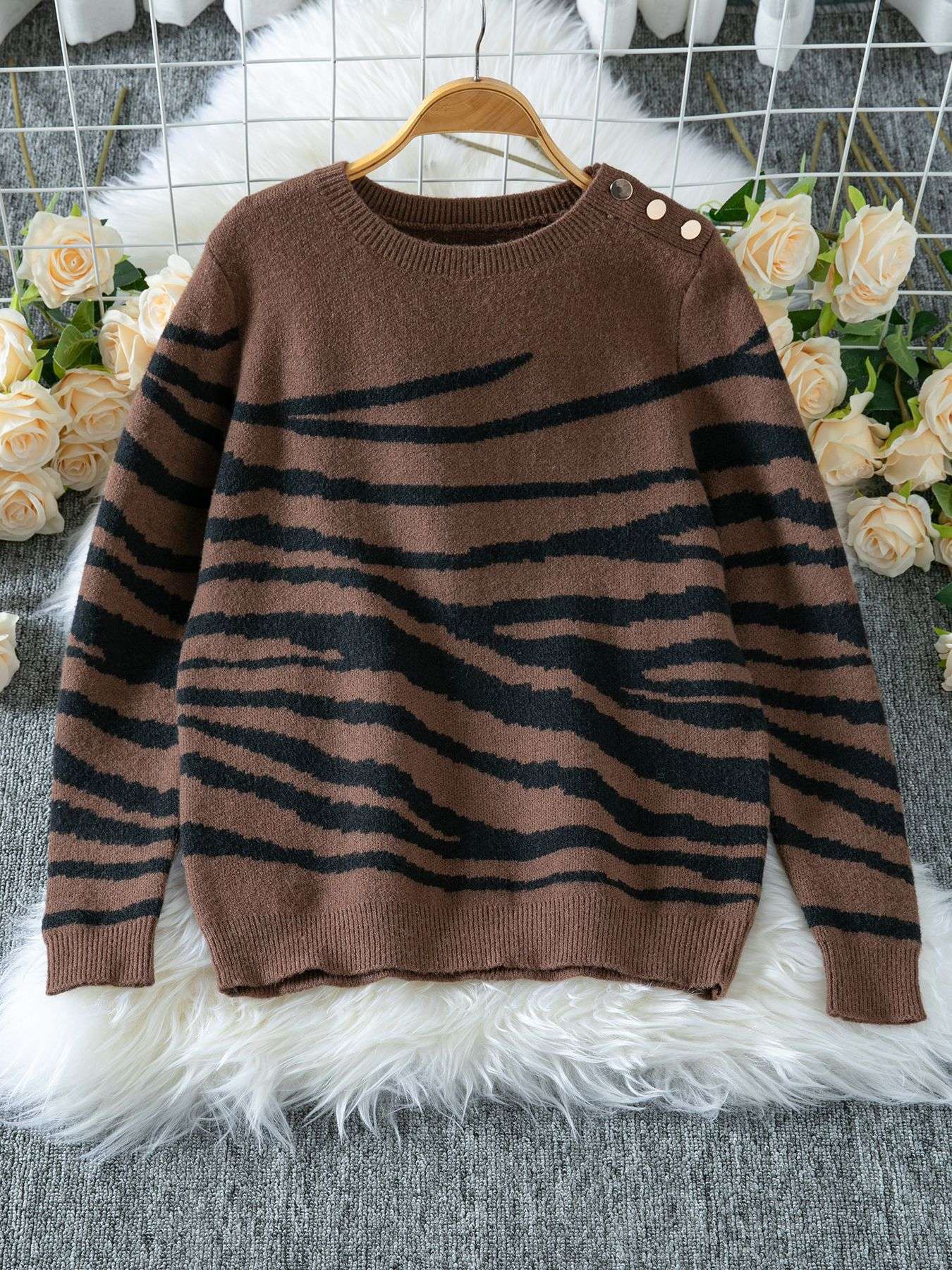 Striped Knit Sweater with Shoulder Buttons - M, Brown image