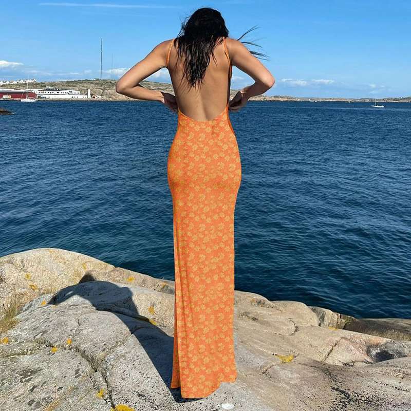 Elegant Floral Maxi Dress - S, Orange image