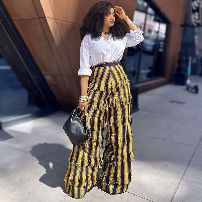 Bohemian Striped Fringed Wide-Leg Pants image 1