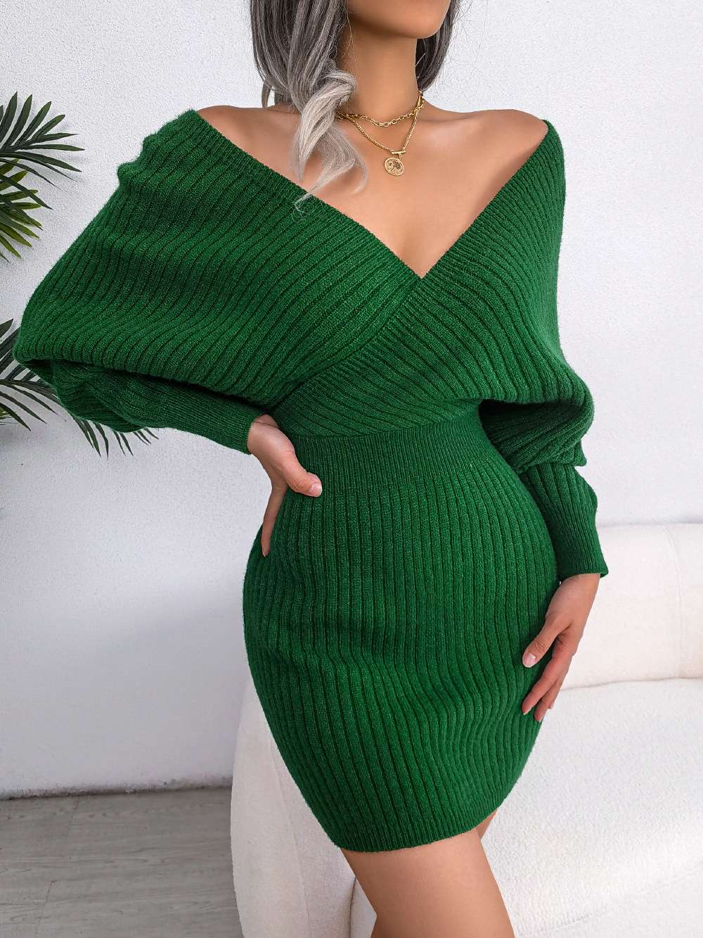 Ribbed Vneck Sweater Dress image 1