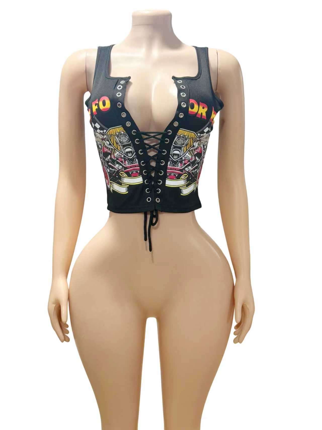 Lace-Up Graphic Print Crop Top - S, Black image