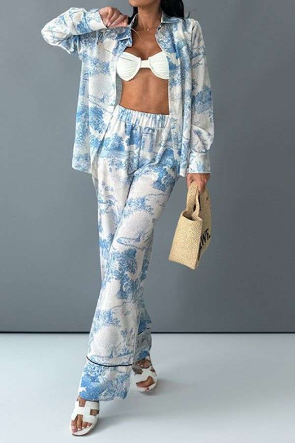 Print Pajama Set with Oversized Shirt & Wide-Leg Pants - L, Blue image