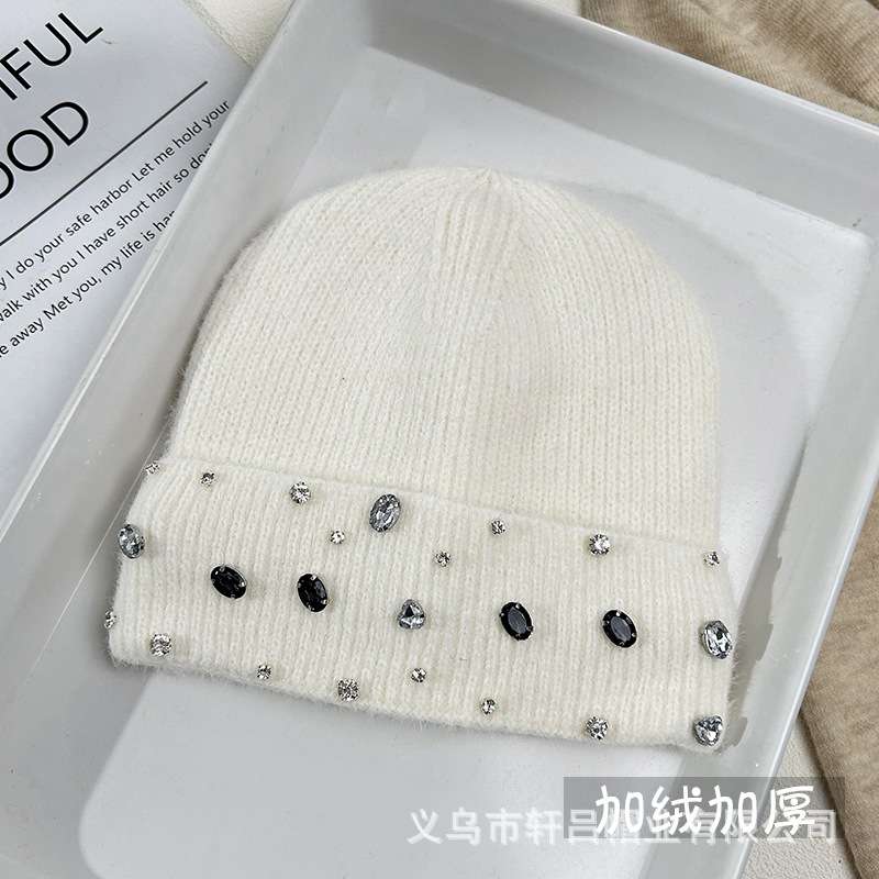Rhinestone Beanie Soft Warm Winter Skully Hat - Free Size, White image