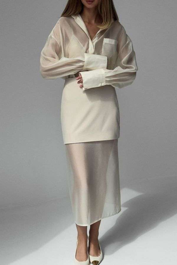 Patchwork See Through Skirt Sets - XL, Light Beige image